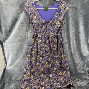 Eddie Bauer Purple Gray Yellow Black Print Midi Dress with Cap Sleeve Size 12P